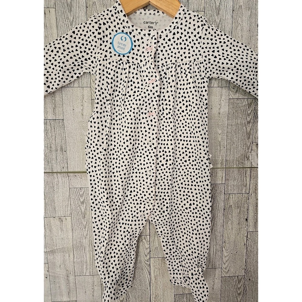 Carter's Footed Outfit Pajamas 6 Months Black Hearts Ruffle Back Snap Up NEW